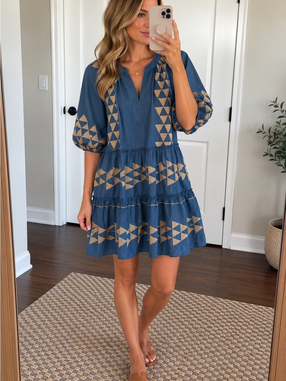 Greek Archaic Kori Linen Arrow Embroidered Mini Dress – Size XS